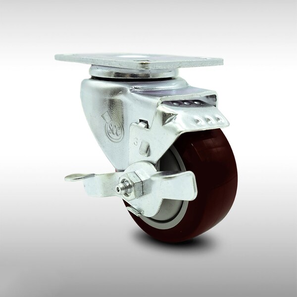 3.5 Inch SS Maroon Polyurethane Swivel Top Plate Caster with Brake SCC